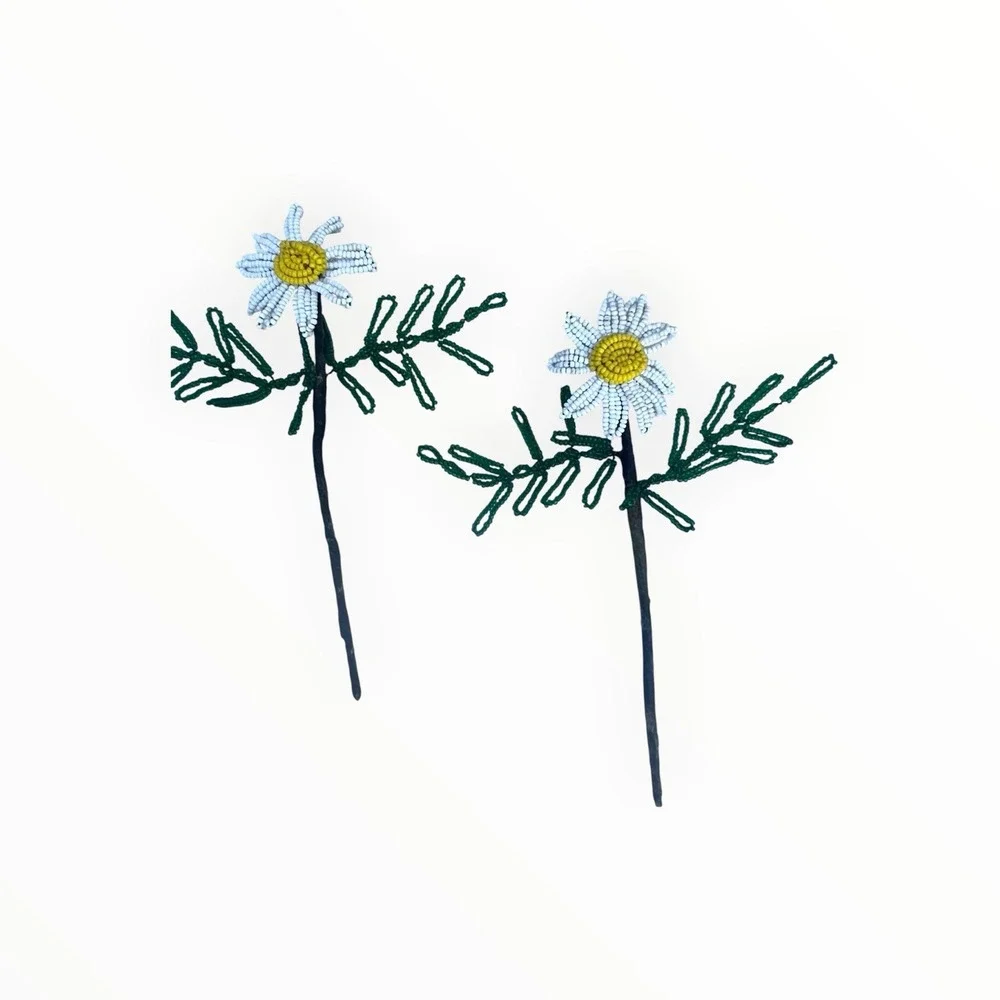 Vintage French Beaded Daisy Flowers 10 Stems Seed Bead Handmade Floral Decor